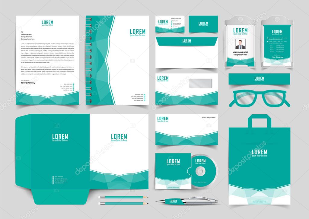 stationery identity template set. Business stationery mock-up. Branding design. Letterhead, presentation folder, compliment slip, notebook, id card, business card.