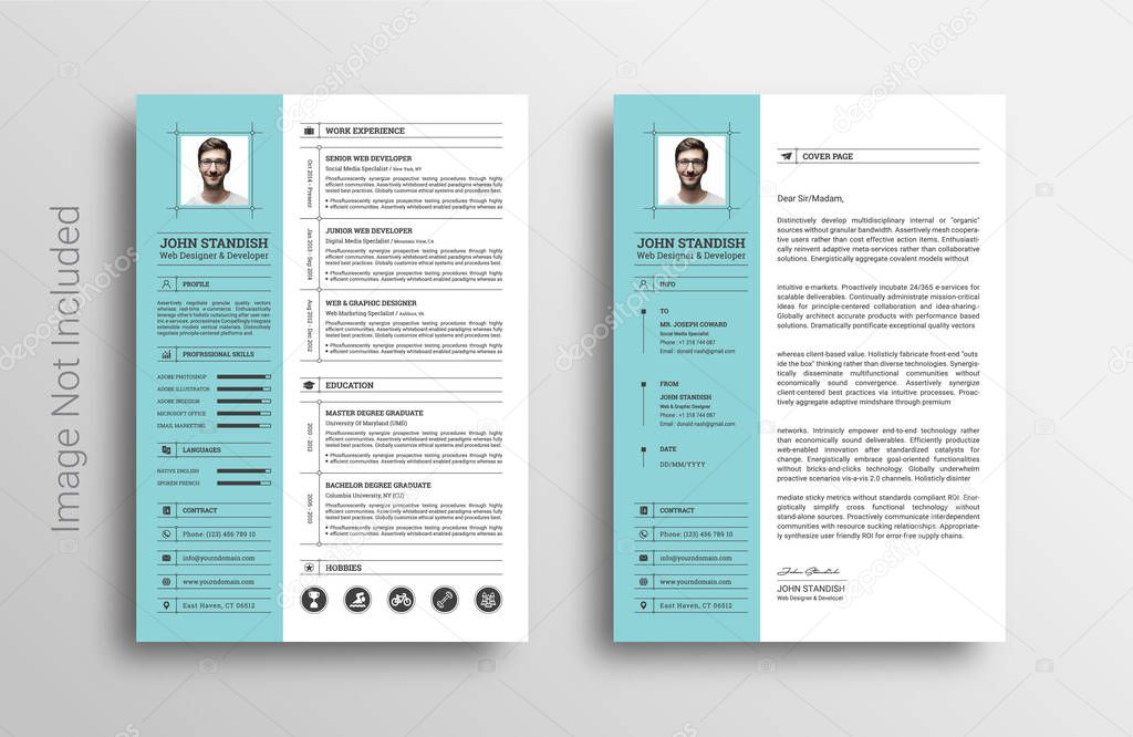 CV / resume cover letter and portfolio page template. Super clean and clear modern design. black and blue design