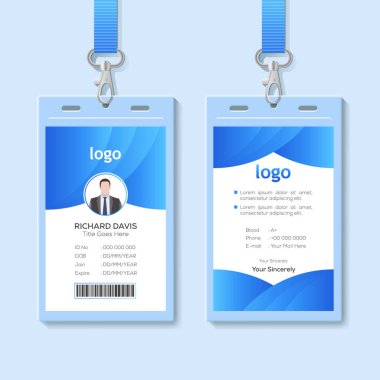 Id card with lanyard set isolated vector illustration. Blank plastic access card, name tag holder with pin ribbon, corporate card key, personal security badge, press event pass template. clipart