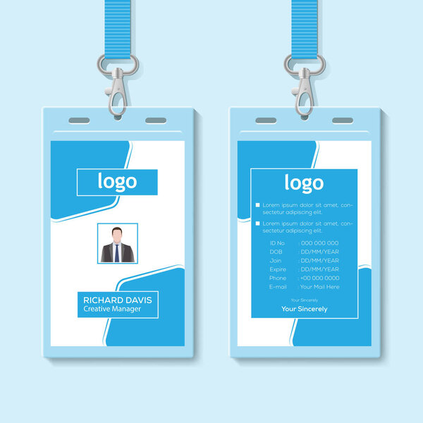 Id card with lanyard set isolated vector illustration. Blank plastic access card, name tag holder with pin ribbon, corporate card key, personal security badge, press event pass template.