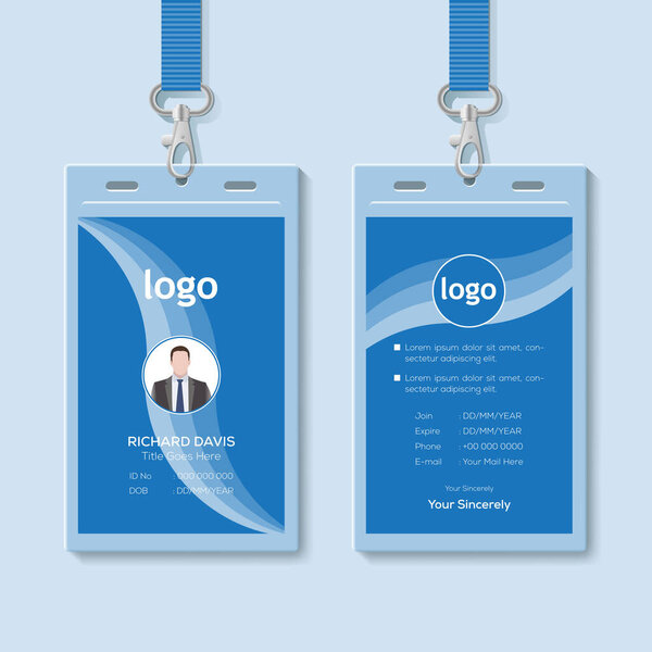 Id card with lanyard set isolated vector illustration. Blank plastic access card, name tag holder with pin ribbon, corporate card key, personal security badge, press event pass template.