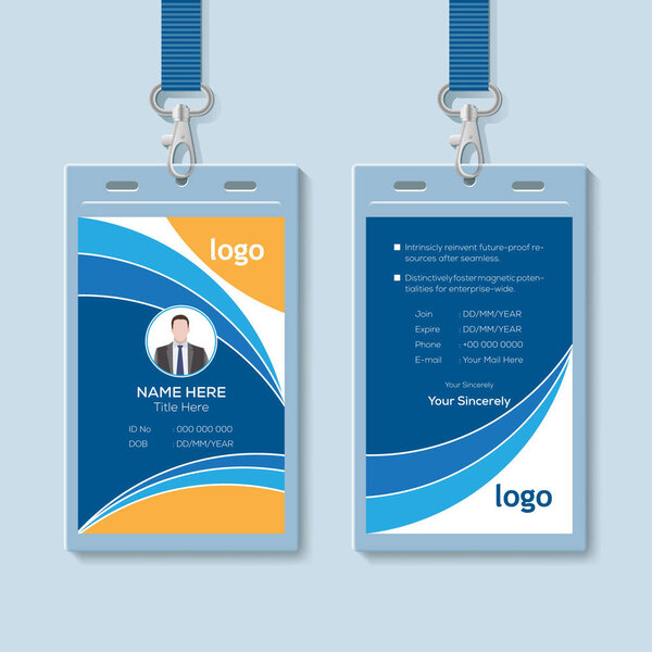 Id card with lanyard set isolated vector illustration. Blank plastic access card, name tag holder with pin ribbon, corporate card key, personal security badge, press event pass template.