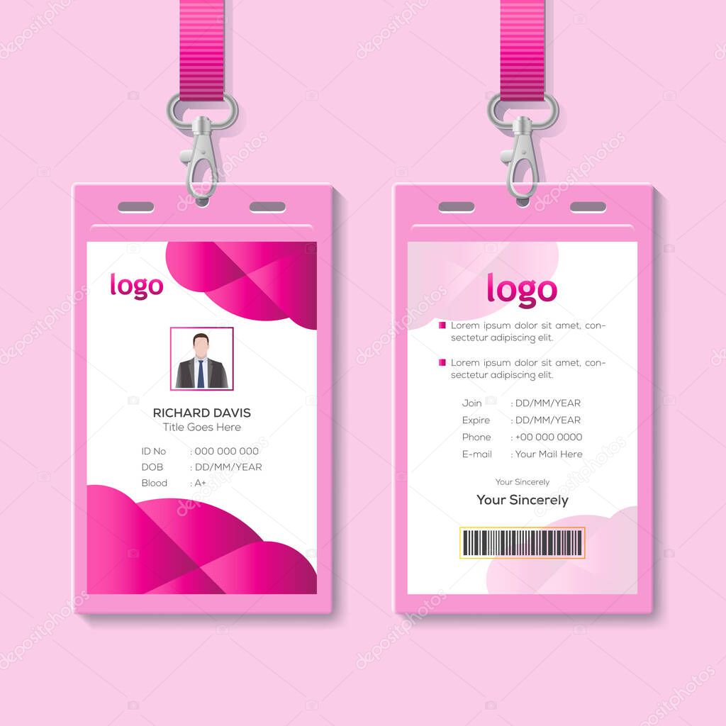 Id card with lanyard set isolated vector illustration. Blank plastic access card, name tag holder with pin ribbon, corporate card key, personal security badge, press event pass template.