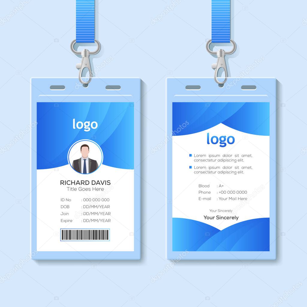 Id card with lanyard set isolated vector illustration. Blank plastic access card, name tag holder with pin ribbon, corporate card key, personal security badge, press event pass template.