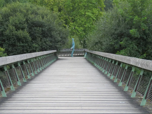 Mooie Houten Loopbrug Met Een Artistiek Figuur Achtergrond — Stockfoto