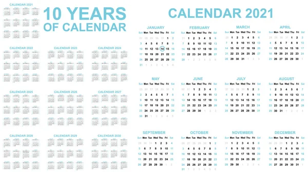 2021 2030 Tio Kalender Enkel Blå — Stock vektor