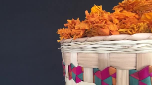 Cesta Tradicional Auténtica Con Flores Cempasuchitl Fondo Negro — Vídeo de stock