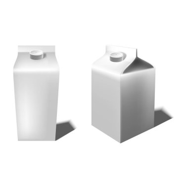 3D vektör çizim: Karton süt veya meyve suyu kutusu. Ambalaj tasarım şablonu. Mockup düzeni tasarımı.