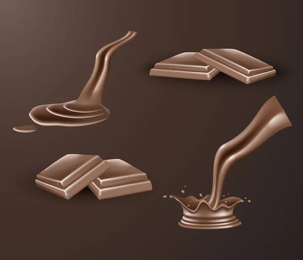 逼真矢量图标集 液体热巧克力溅 滴和牛奶巧克力棒 — 图库矢量图片