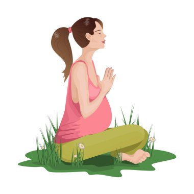 Vektör İllüstrasyonu. Doğum öncesi yoga. Nilüfer çiçekleri ve doğa ile çevrili, meditasyon yapan hamile bir kadın..