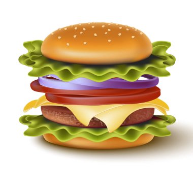 3D gerçekçi vektör peynirli izole hamburger.