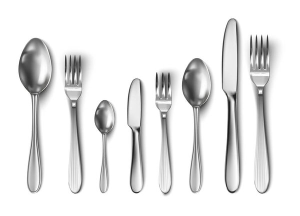 3d реалистичные столовые приборы с столовым ножом, ложкой, вилкой, чайной ложкой и рыбной ложкой.