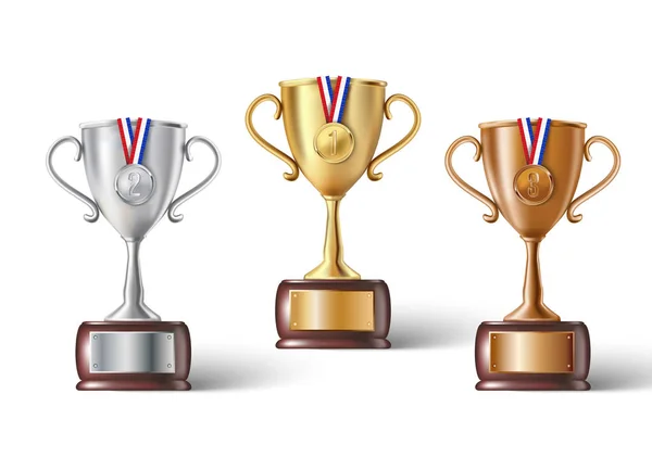 Realistic Collection Trophy Cups Gold Silver Bronze Same Set Medals — Stock Vector