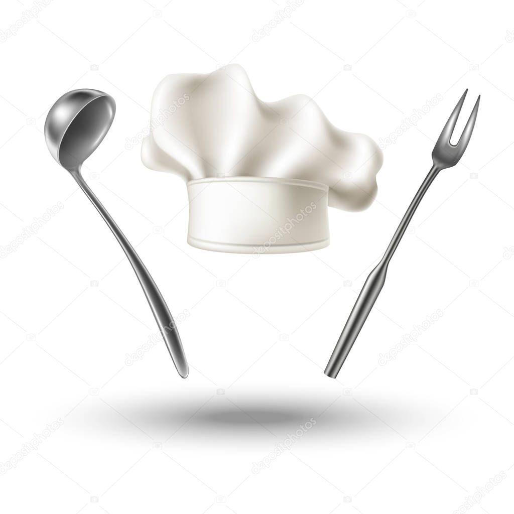 3d realistic vector set of chef hat, meat fork and metal scoop for soup.