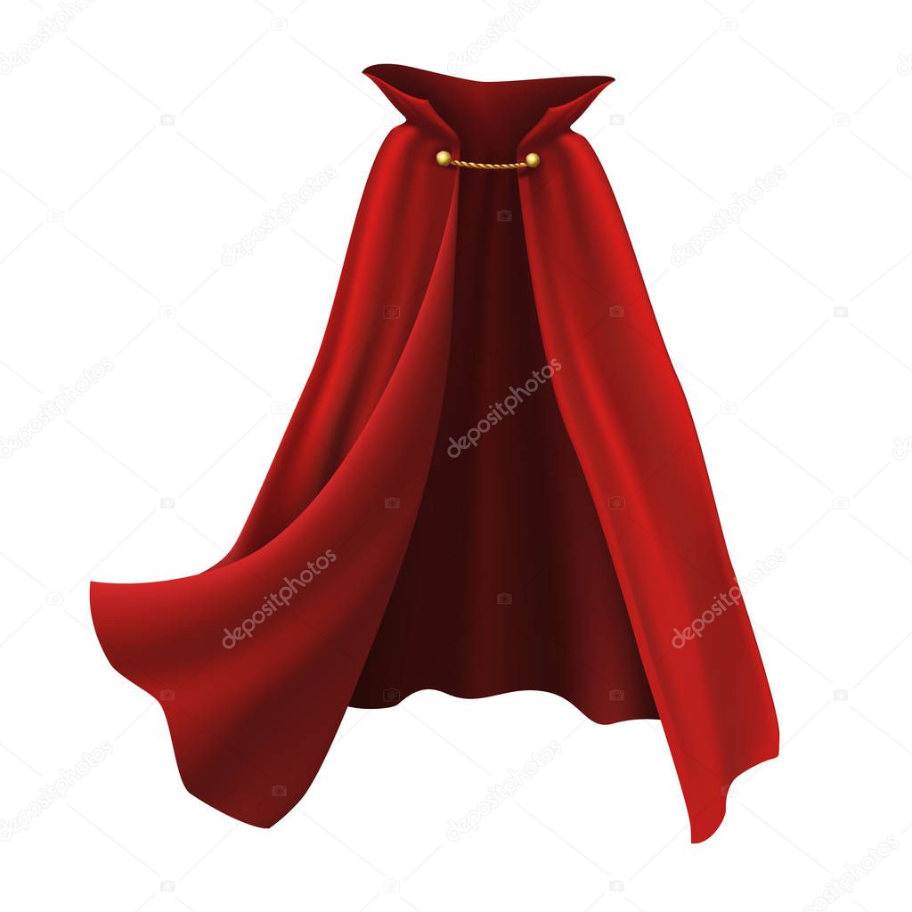 3d realistic cape in red with golden details. Flowing, wavy fabric for carnival, vampire, witches or illusionists.