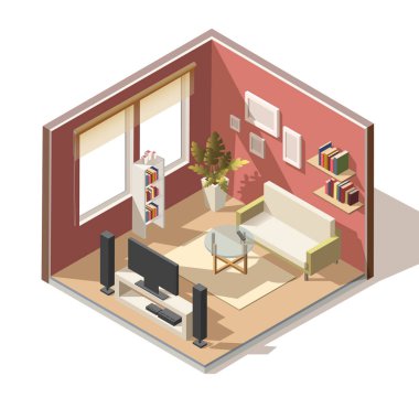 3D gerçekçi vektör izometrik düşük Poly oturma odası iç.