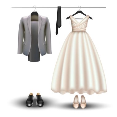 3D gerçekçi vektör dolap kavramı. Düğün için kravat, Ayakkabı ve beyaz elbise ile gelin ve damat giysileri.