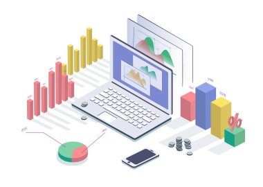 3D izometrik düz tasarım. İş stratejisi kavramı vektör çizim, veri analizi, dizüstü bilgisayar ve bilgi grafik öğeleri. 