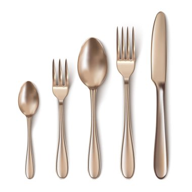 Modern 3d gerçekçi bronz çatal bıçağını, kaşık, çatal, çay kaşığı ve balık kaşıkla ayarla.