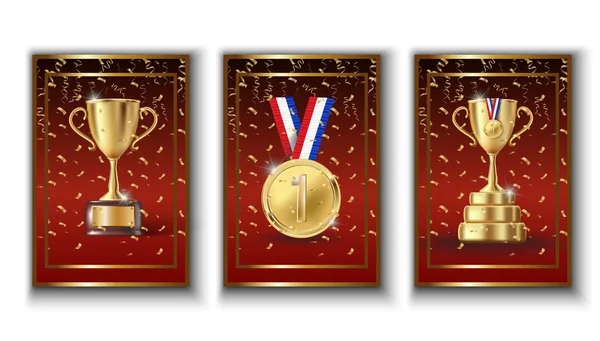 3Dリアルな勝者トロフィーとゴールデンメダルナンバーワンのベクトル分離されたお祝いのポスターコレクション 赤い背景に輝きと輝きがたくさん — ストックベクタ