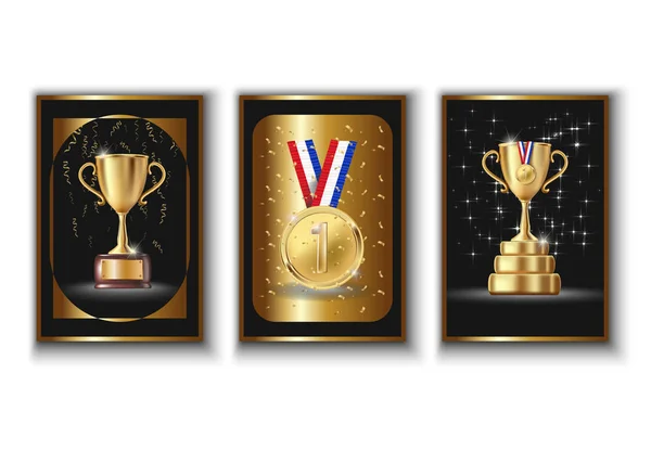 Colección Afiches Festivos Aislados Vectoriales Con Trofeo Ganador Realista Medalla — Vector de stock