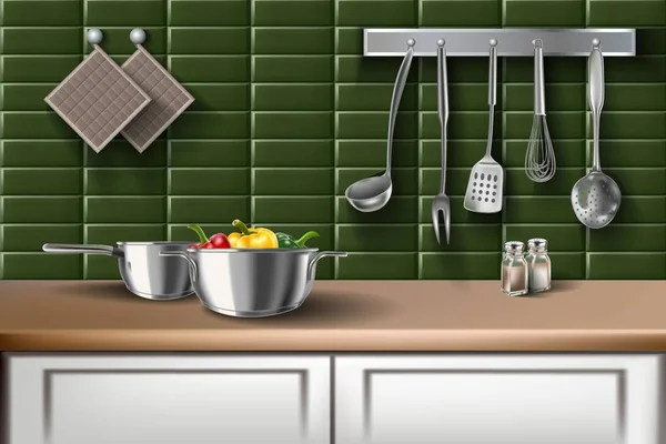 Dapur Vektor Realistik Dengan Peralatan Dapur Tergantung Dinding Ubin Sayuran - Stok Vektor