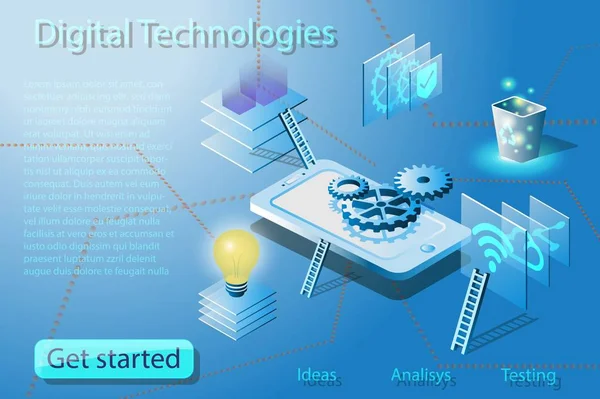 Isometrisches Digitales Design Von Anwendungen Webdesign App Und Datenanalyse — Stockvektor