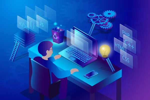 3D izometrik dijital tasarım programlama yazılımı ve teknolojileri. Yeni Web sitesi tasarımı çalışan bilgisayardaki adam.