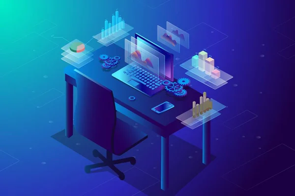 3D izometrik düz tasarım. İş stratejisi kavramı vektör çizim, veri analizi, dizüstü bilgisayar ve bilgi grafik öğeleri. 