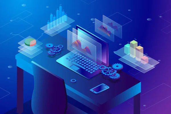 3D izometrik düz tasarım. İş stratejisi kavramı vektör çizim, veri analizi, dizüstü bilgisayar ve bilgi grafik öğeleri. 