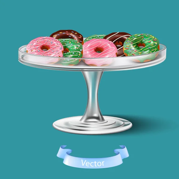 Isolado Donuts Vetor Realista Com Esmalte Vidro Bandeja Bolo — Vetor de Stock