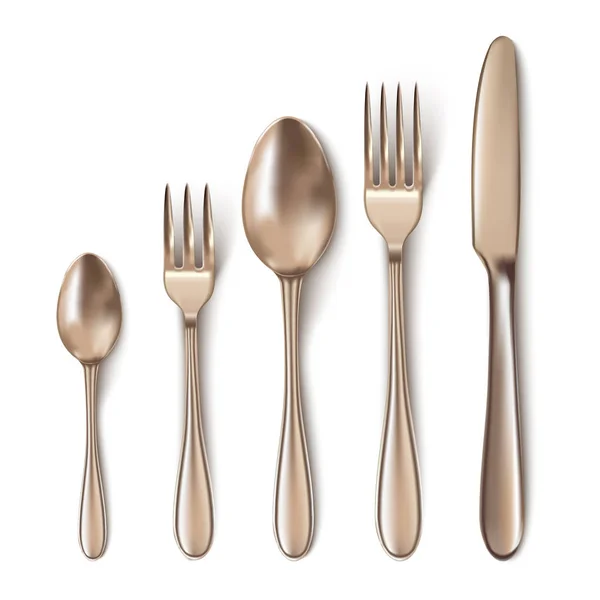 Modern Realistic Bronze Cutlery Set Table Knife Spoon Fork Tea — Stock Vector