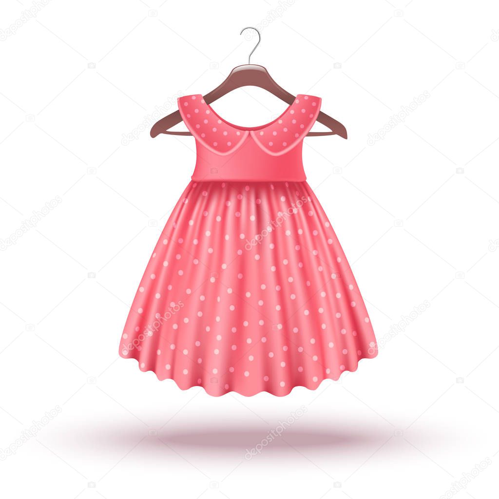 3d realistic vector icon: baby girl wardrobe pink dress for special occasion on the hanger.