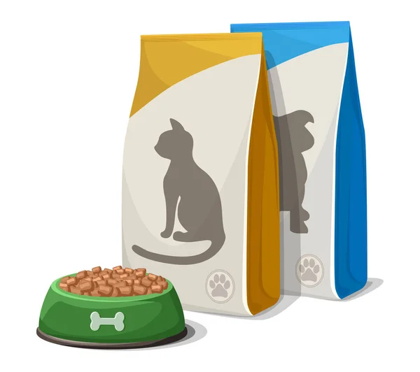 Vektör çizgi film stili köpek ya da kedi maması kasesi ve yiyecek paketleri. Beyaz arkaplanda izole.