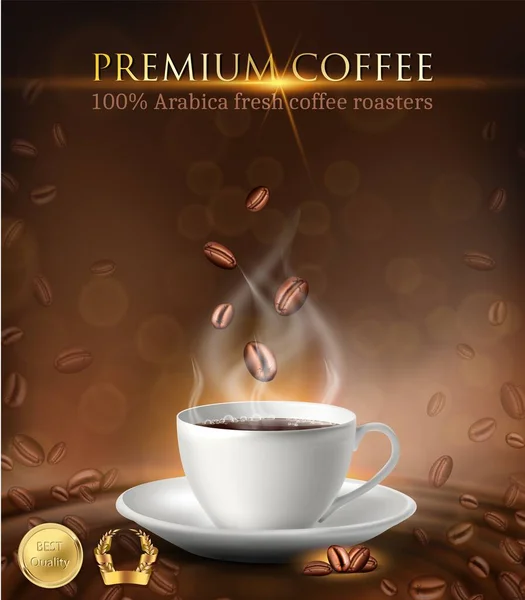 Kahve Çekirdeği Altın Etiketli Gerçekçi Vektör Reklam Afişi — Stok Vektör