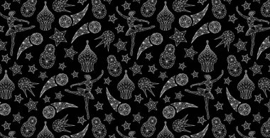 Rus siyah beyaz Dikişsiz desen duvar kağıdı, Rusya desen ile modern ve geleneksel öğeleri, 2018 eğilim arka plan, vektör çizim futbol 2018 Dünya Şampiyonası Kupası arka plan futbol dünyası