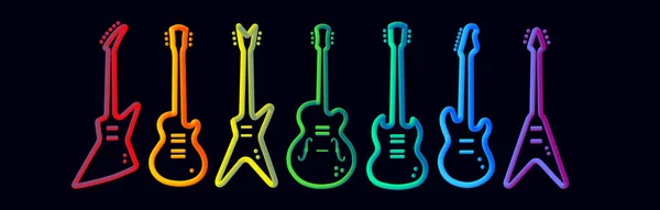 Gökkuşağı renkli müzik aletleri neon siluet Soyut Tasarım kavramı rock band performans elektro gitar seti şambriyelli