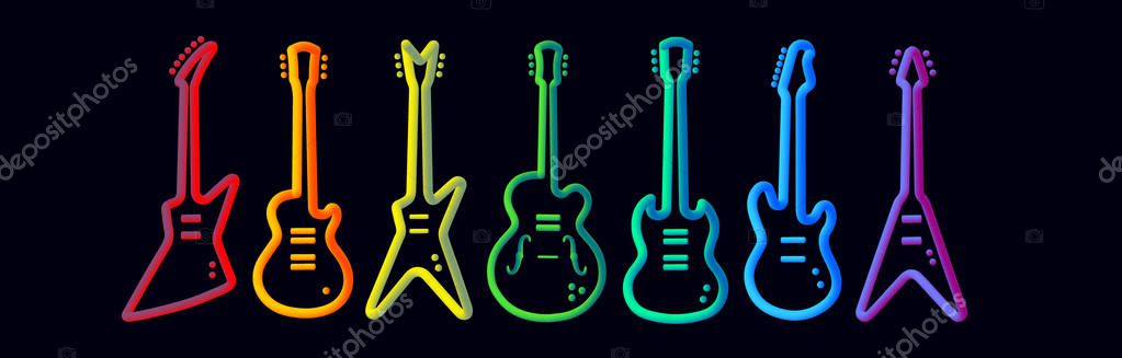 Rainbow color musical instruments neon tubed silhouette abstract design concept rock band performance  electric guitar set