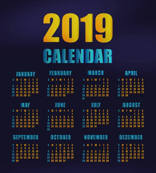 Modello Calendario 2019 Disegno Piatto Illustrazione Vettoriale — Vettoriale Stock