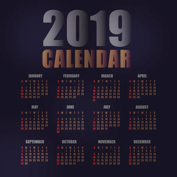 Modelo Calendário 2019 Ilustração Vetorial Design Plano — Vetor de Stock