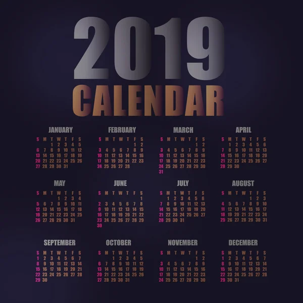 Modello Calendario 2019 Disegno Piatto Illustrazione Vettoriale — Vettoriale Stock