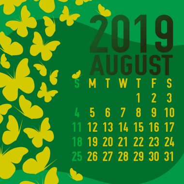 Ağustos 2019 takvimi şablonunu yeşil zemin üzerine soyut sarı kelebekler ile