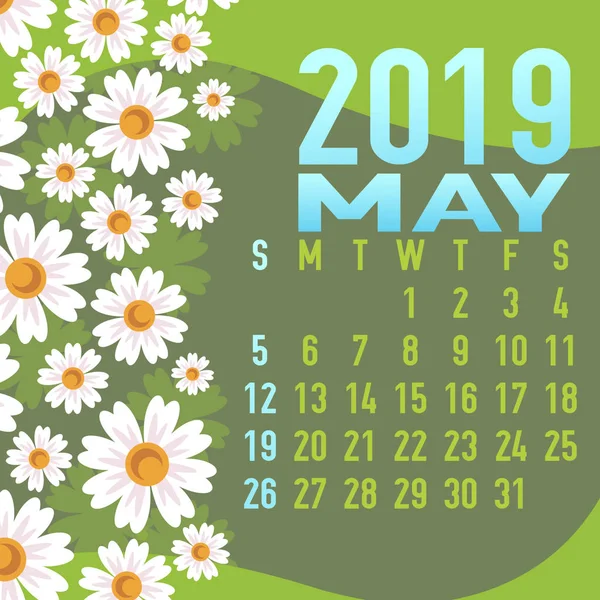 Maggio 2019 Modello Calendario Con Fiori Primaverili Astratti — Vettoriale Stock