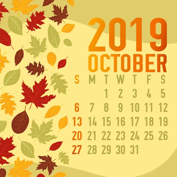 Šablona Kalendáře 2019 Podzim Měsíců Abstraktní Padající Listí — Stockový vektor