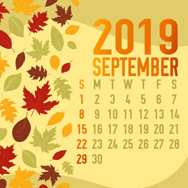 Jesień Jesień Szablon Kalendarza 2019 Miesięcy Streszczenie Spadających Liści — Wektor stockowy