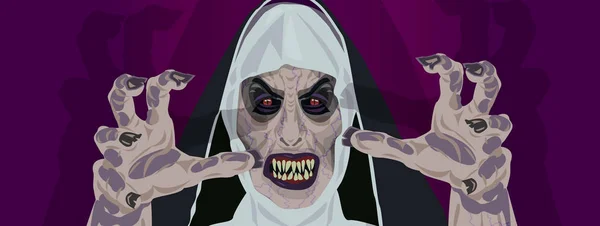 Nun Enfermeira Fêmea Possuída Pelo Demônio Halloween Festa Traje Estendendo — Vetor de Stock