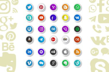 Popüler sosyal medya simgeler Pinterest, Twitter, Youtube, Whatsapp, Snapchat, Facebook, Feed, LinkedIn, Yahoo ve diğer set