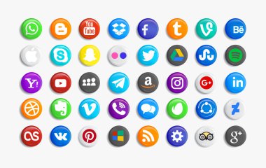 Set of popular social media icons Pinterest, Twitter, YouTube, WhatsApp, Snapchat, Facebook ,Feed, Linkedin, Yahoo and others clipart