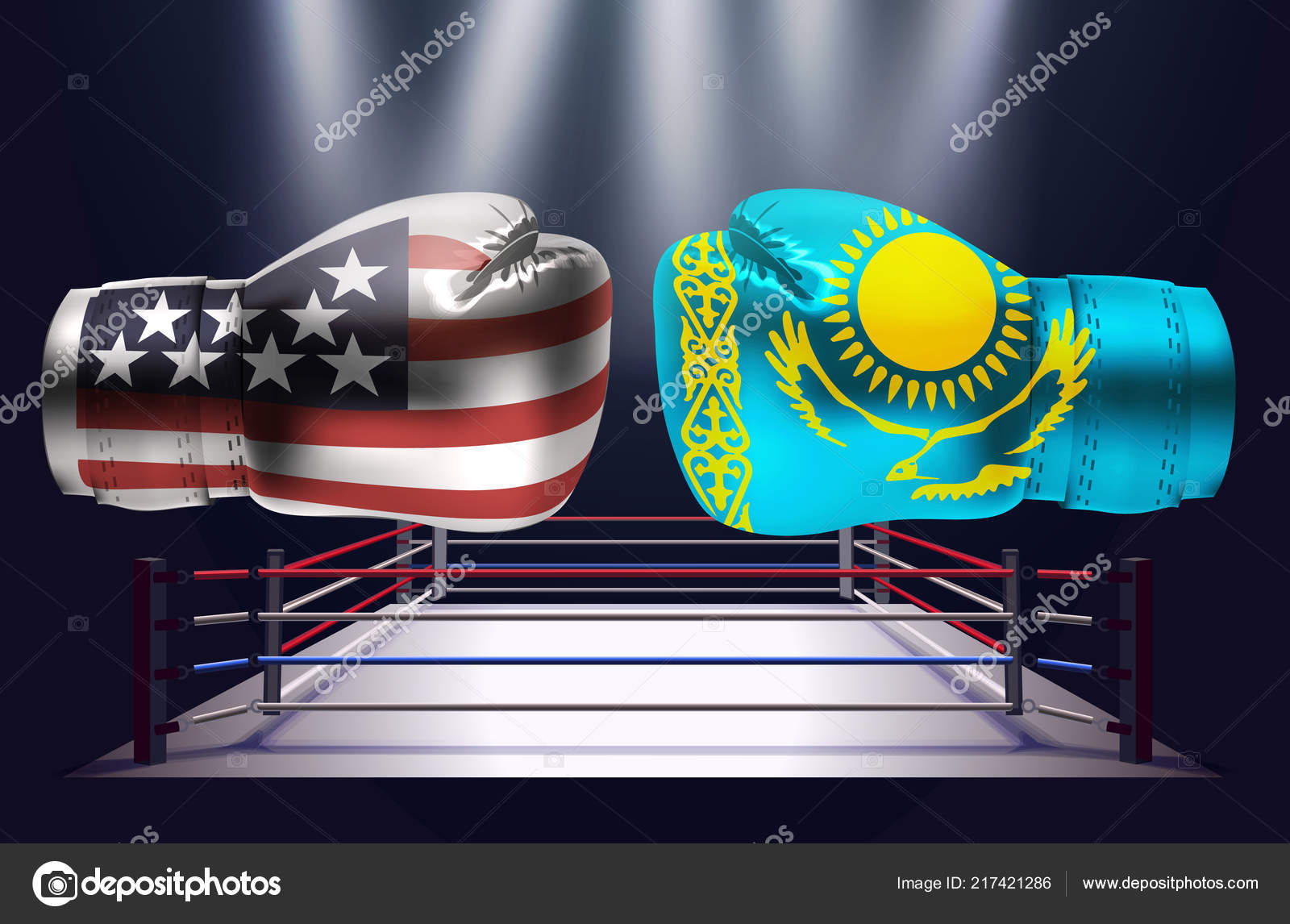 拳击手套与美国和哈萨克斯坦国旗的指纹面对面在聚光灯下点燃的戒指上逼真的矢量插画设计图库矢量图©vadymburla@gmail.com  217421286