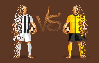 İki karşıt takım, temsil eden vintage futbol topları, holding beyaz ve sarı futbolcular ayakta izole arkalarındaki düz bir arka plan ile ve bir arada onları işaret karşı illüstrasyon vektör 